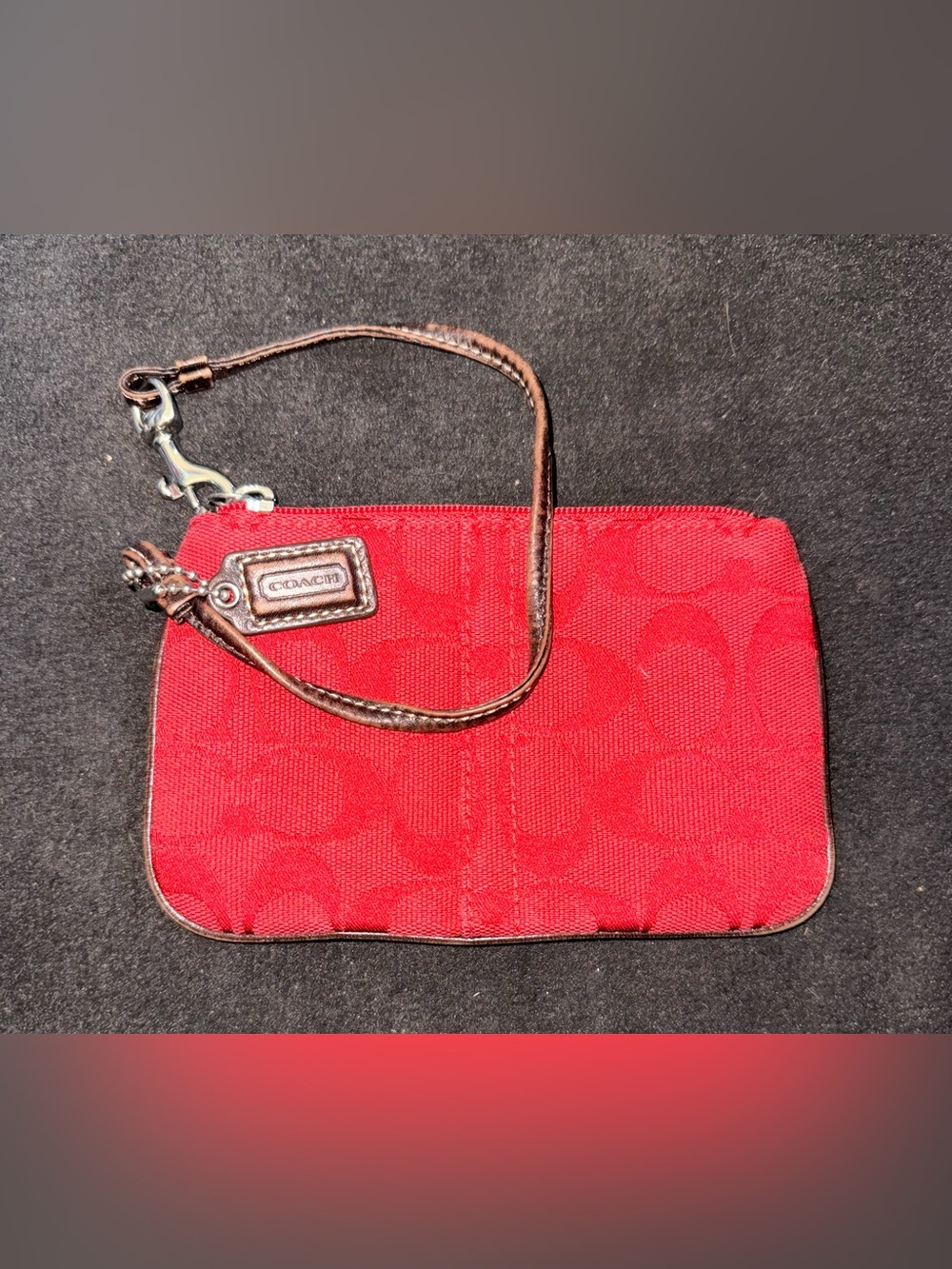Coach Red Signature Wristlet with Brown Leather Strap
